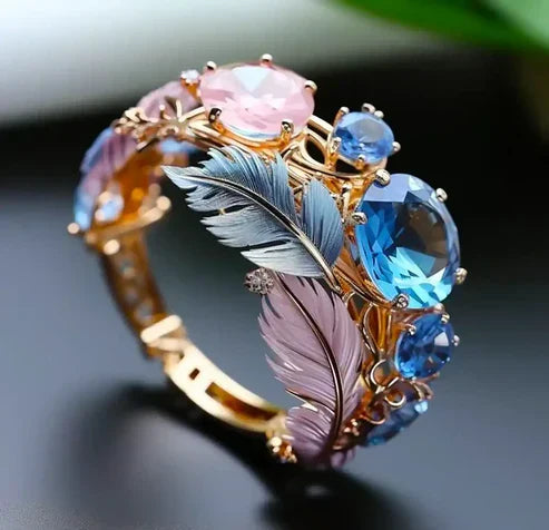 Vintage Ornate Feather and Crystal Ring