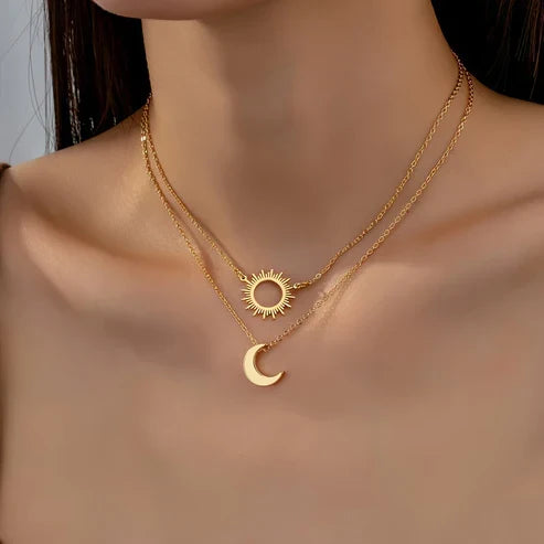 Celestial Gold Layered Necklace with Sun and Moon Design