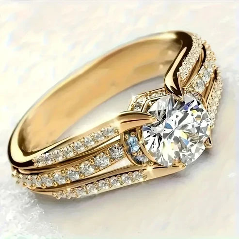Gold Ring with White Round Crystal