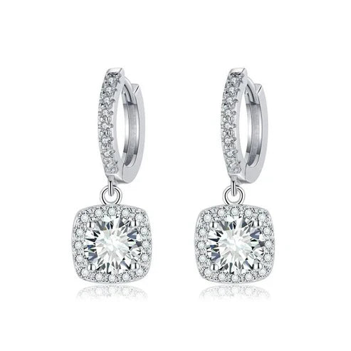 Square Moissanite Drop Earrings with Halo Design