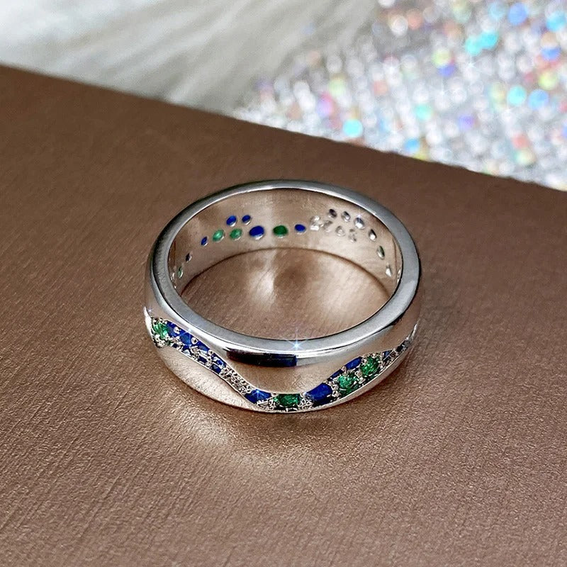 Retro Silver Wave Ring Adorned with Blue and Green Gemstones