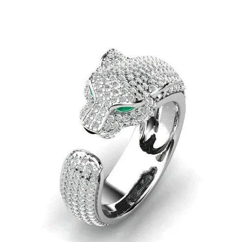 Adjustable Jaguar Ring Featuring Green Zirconia Eyes