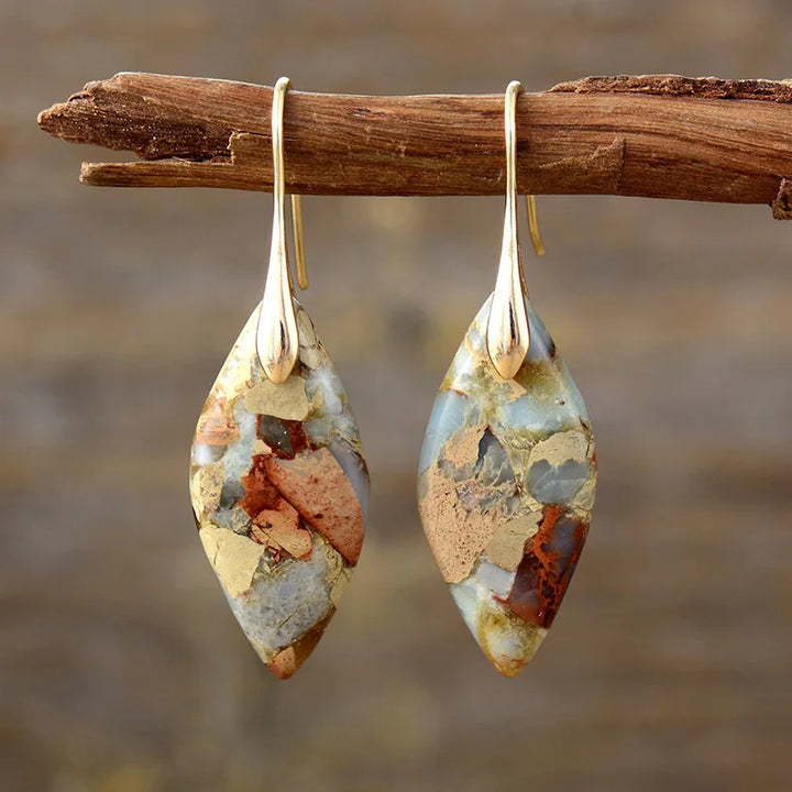 Gold Teardrop Earrings with Natural Jasper Accents