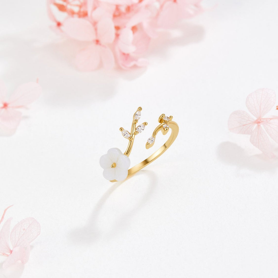 Gold Floral Open Ring with Leaf Design