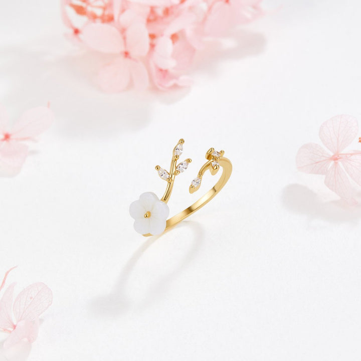 Gold Floral Open Ring with Leaf Design