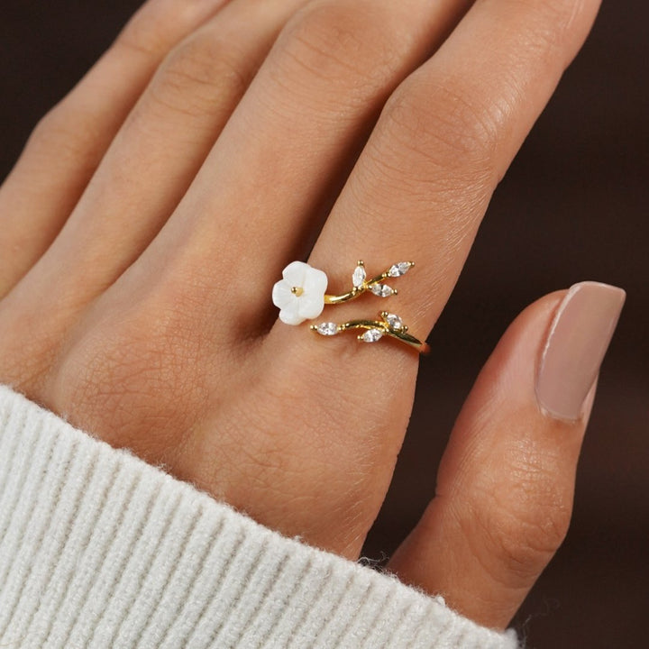 Gold Leaf-Inspired Open Ring with Floral Accents